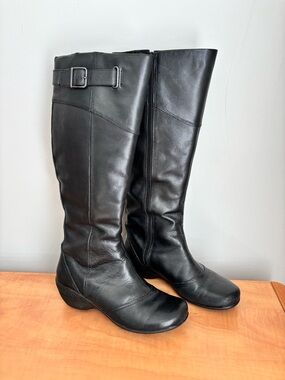 Hush Puppies Black Leather Over-the-Knee Boots with Buckle